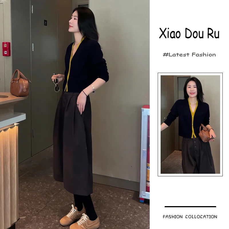 秋季流行穿搭一整套新款2025韩系慵懒风轻熟针织上衣阔腿裤两件套