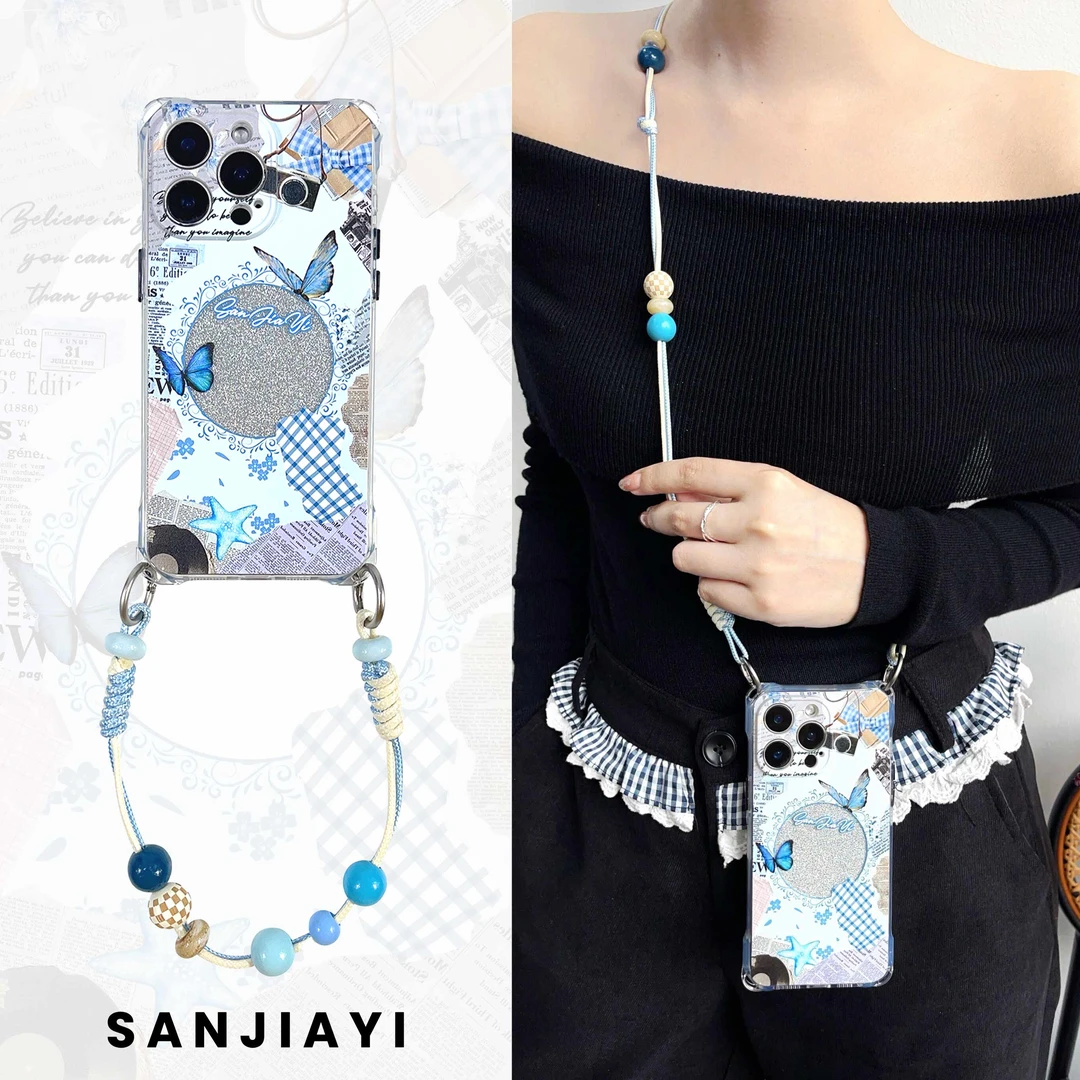 夏季创意蓝色蝴蝶斜挎挂绳四角开孔手机壳适用苹果华为防摔小米