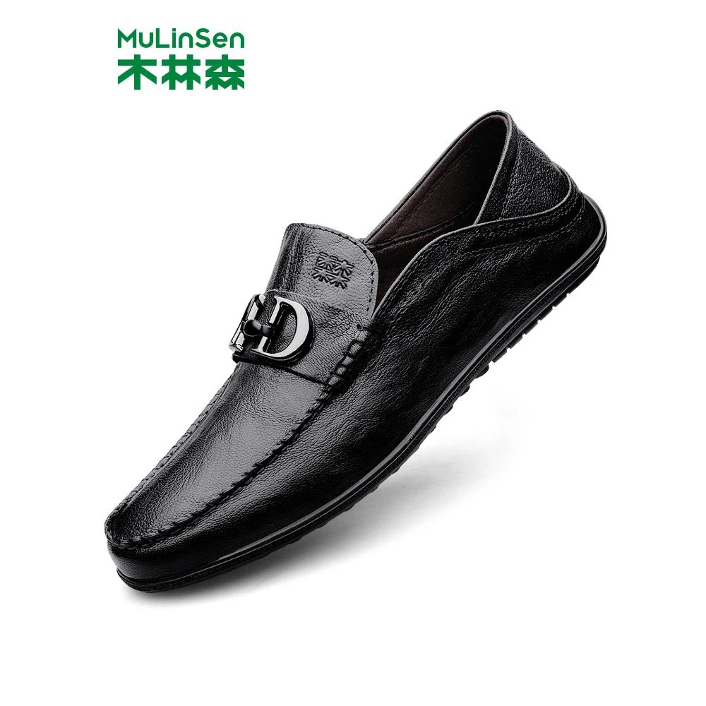 木林森男休闲皮鞋真皮软底全头层牛皮一脚蹬透气高端轻奢男豆豆鞋