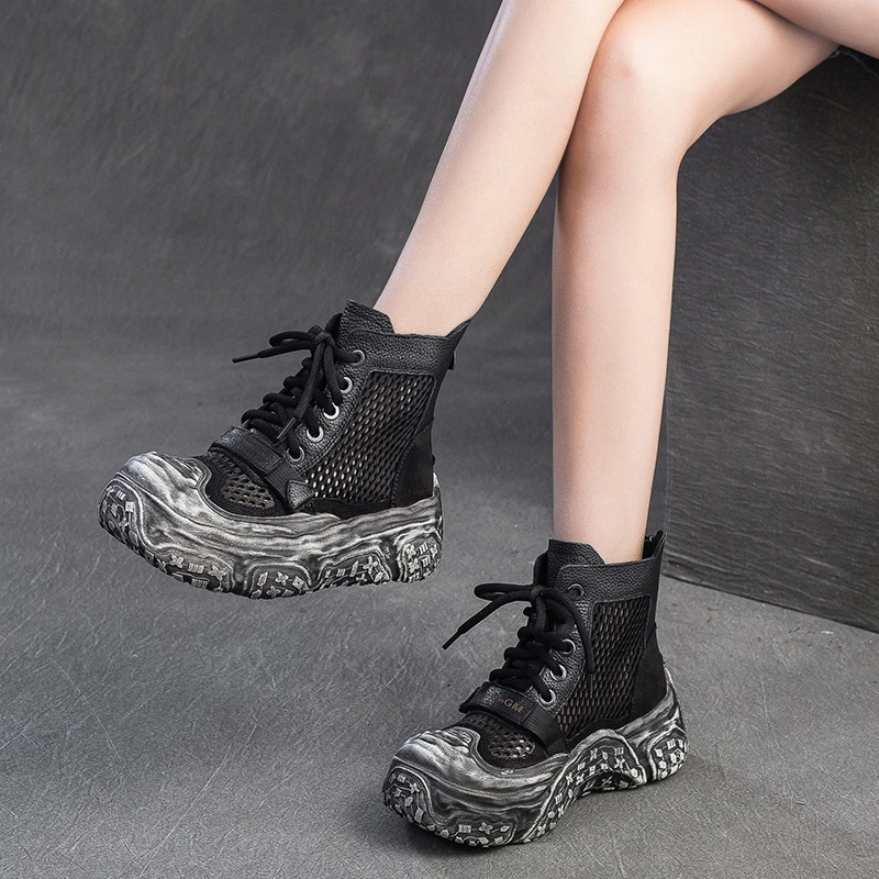 2025春夏新款透气网面复古做旧高帮凉靴舒适百搭休闲运动凉鞋女鞋