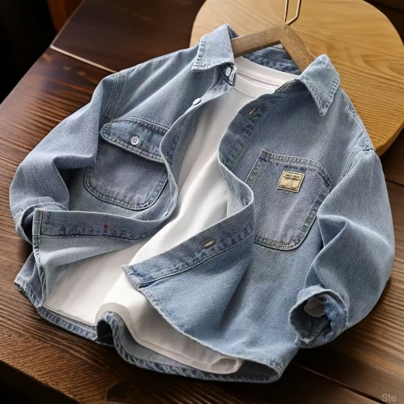 春秋款痞帅潮酷儿童薄款衬衣中大童春装男童牛仔衬衫外套男孩上衣