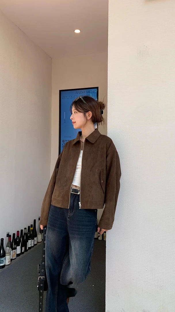 甜酷俏皮棕色麂皮短外套春秋女短款拉链翻领美式复古夹克QD82210