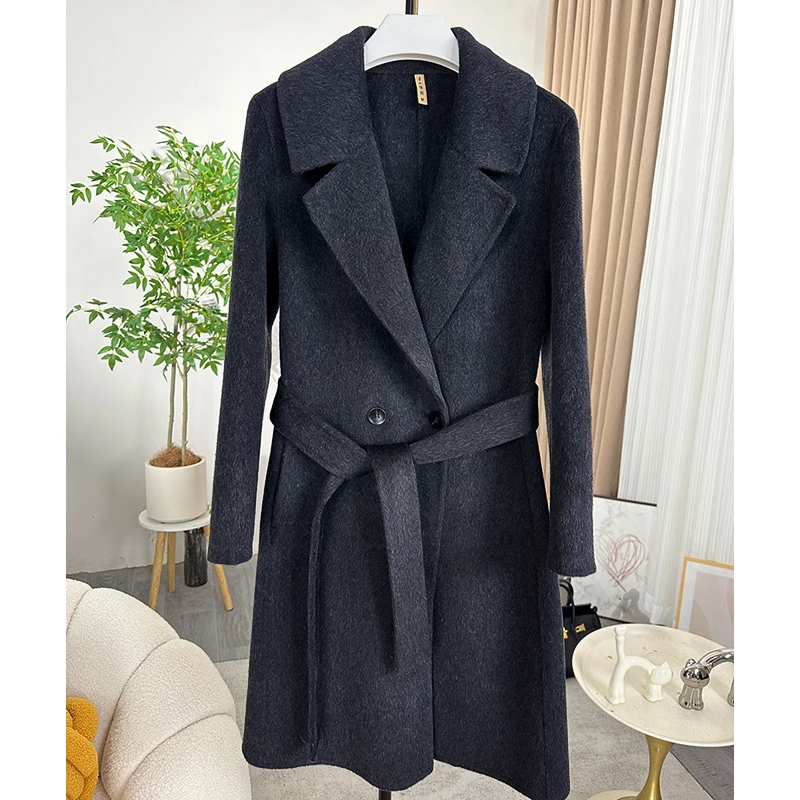 小个子手工缝制双面羊毛大衣女秋冬修身款显瘦大衣灰色羊毛外套