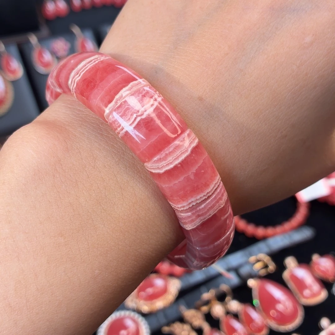 菱锰矿（红纹石）未镶嵌手串58.669g樱花粉手牌