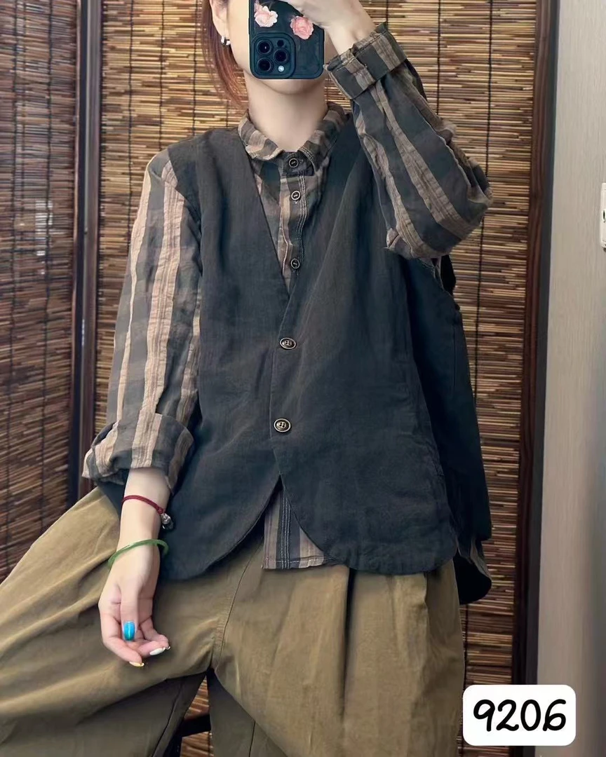 原创复古休闲宽松棉麻双层v领马甲 文艺工装简约背心马甲W24305