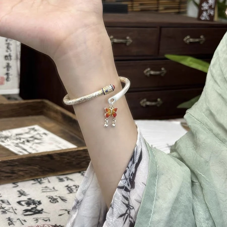足银手镯 足银手镯999.9新中式描金吉言蝴蝶开口足银手镯复古个性