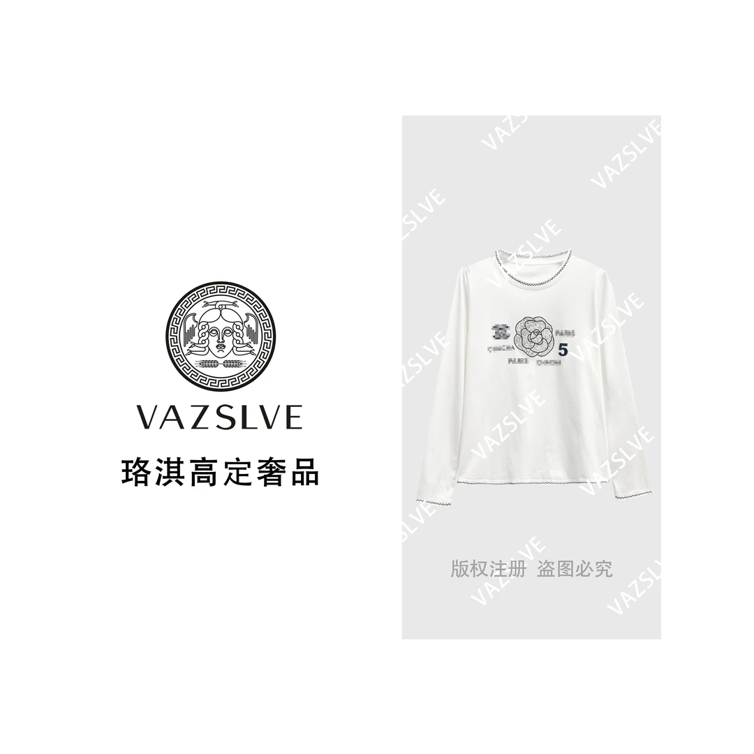 【VASLVE/珞淇高定】68215#拼接烫钻长袖T恤2025重工休闲个性上衣