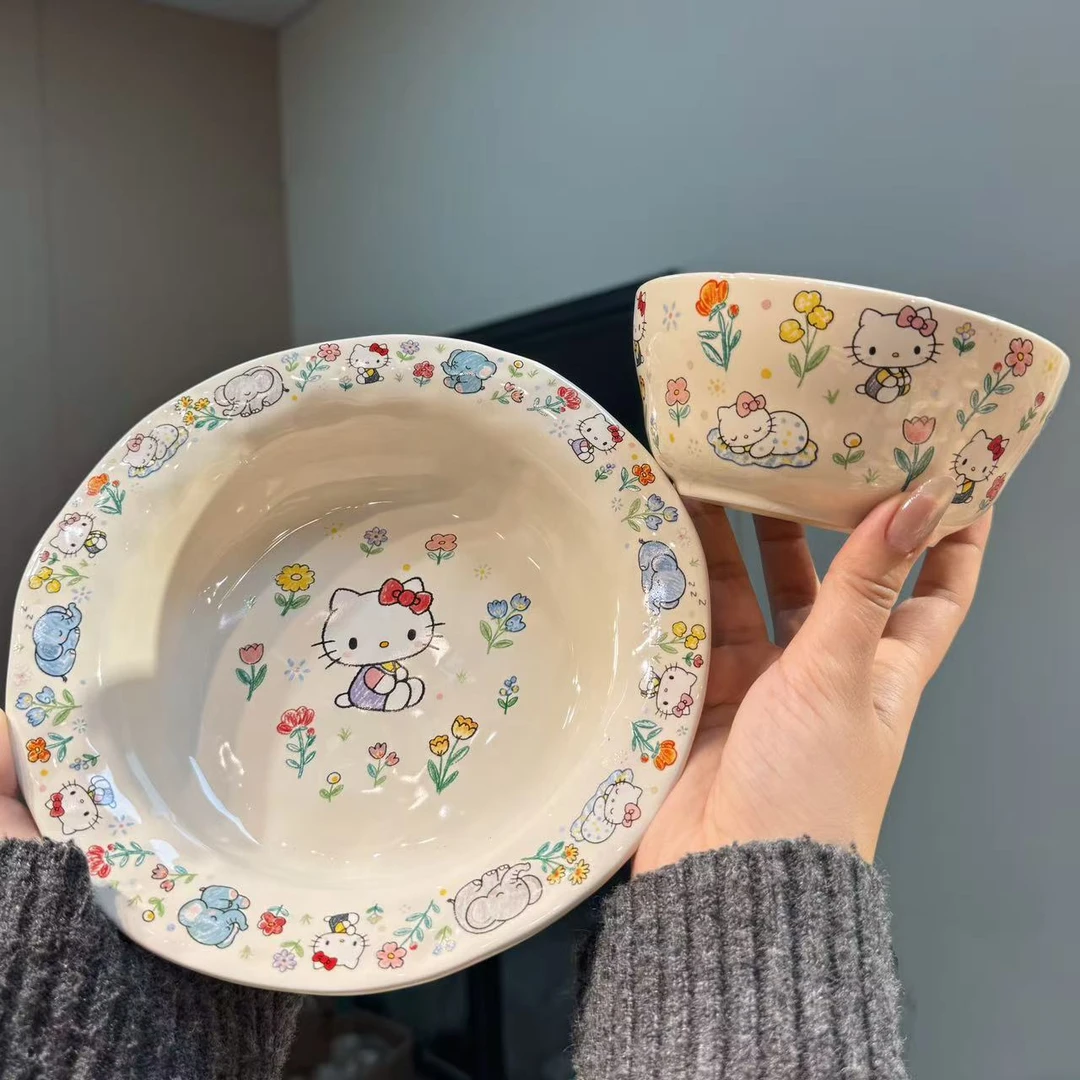 【圆和圈】出口尾单 花园小猫陶瓷餐具 葫芦碗+手捏深盘两件套