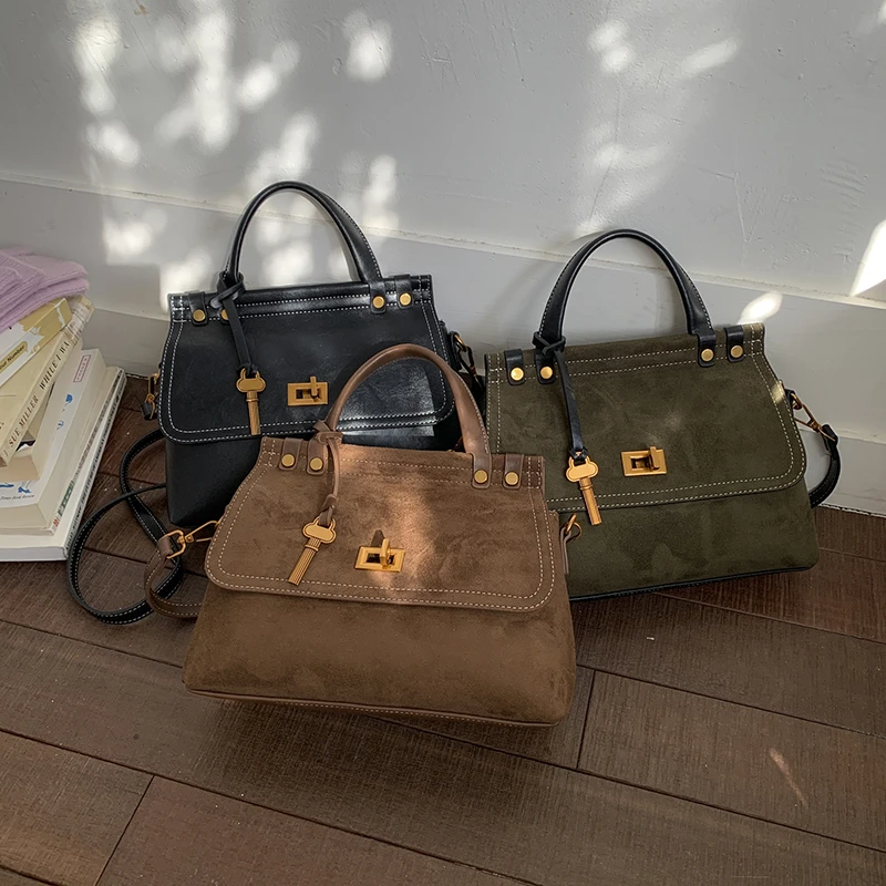 慵懒复古包盖锁扣方款做旧简约风斜挎包韩版女士小众秋冬手提包