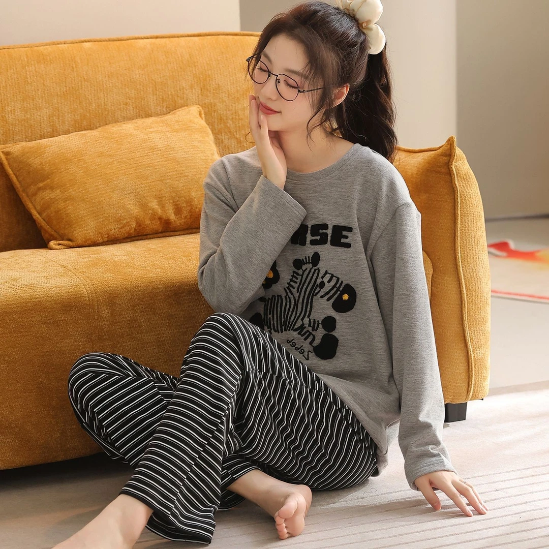 冬季睡衣女款长袖加厚2025新款德绒羊毛绒条纹长裤保暖大码家居服