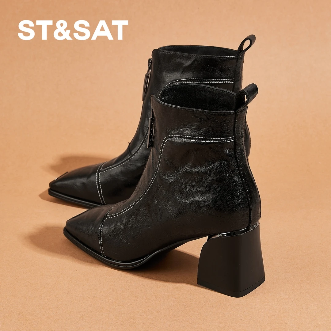 星期六真皮保暖加绒短靴女冬季时尚百搭增高粗跟马丁靴方头短筒靴