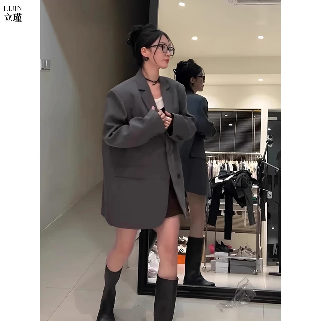灰色垫肩西装外套女2025年春秋新款小个子感休闲西服上衣