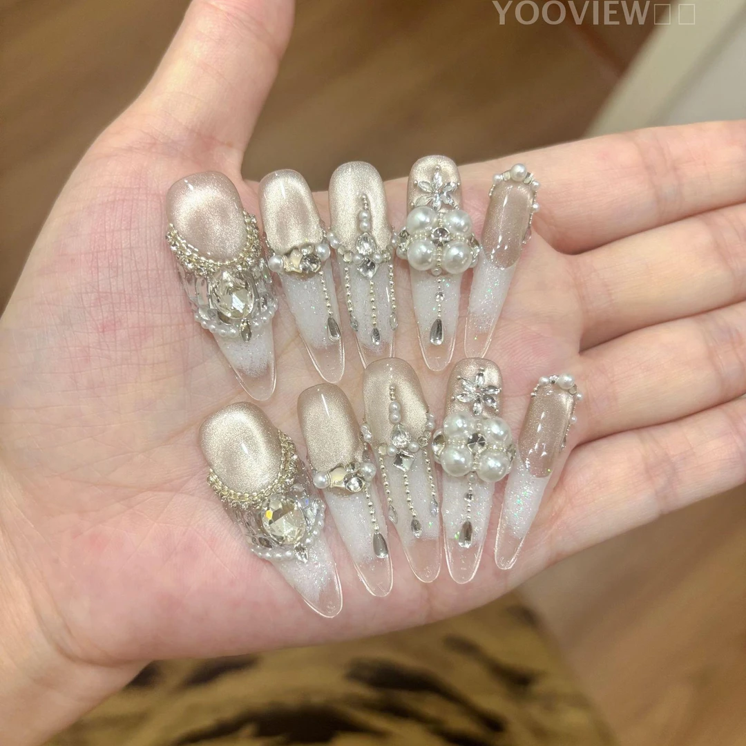 猫眼美甲纱轻奢长款气质穿戴甲纯手作高级感锆石重工手工甲