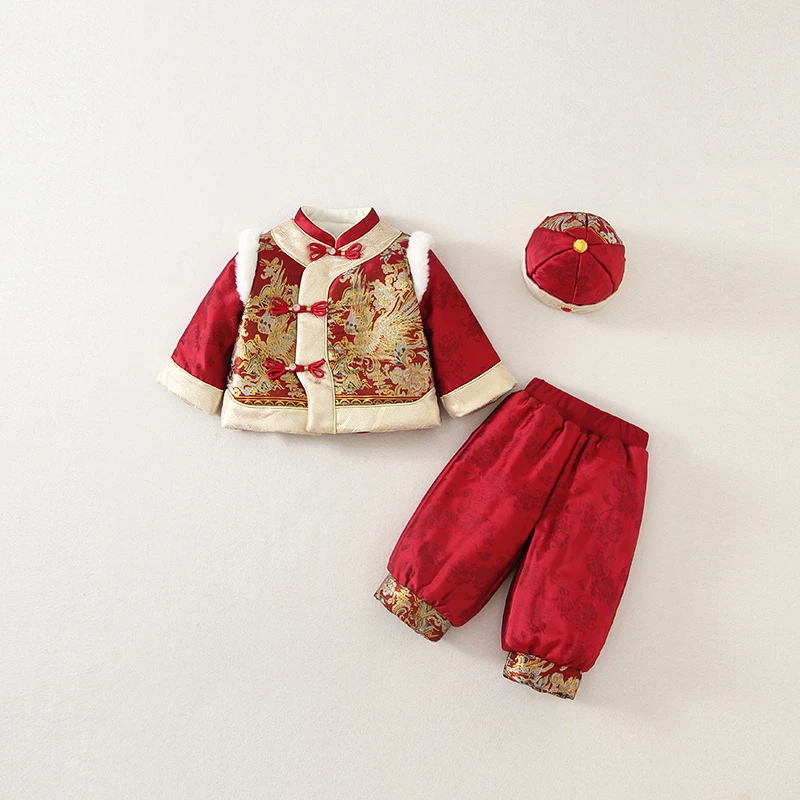 男童周岁礼服冬季加绒新中式唐装宝宝生日宴抓周服新年喜庆拜年服