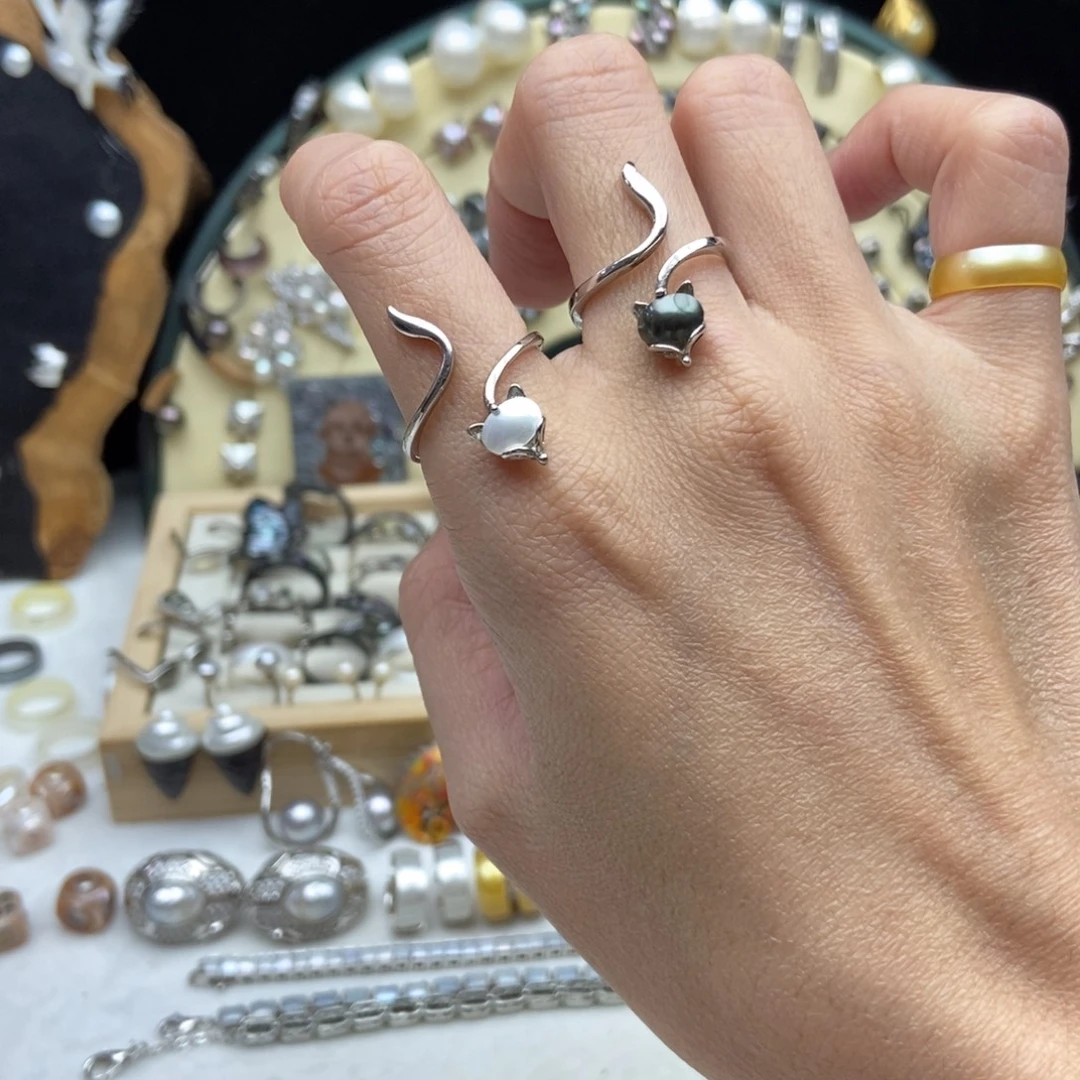 海水珍珠银S925镶嵌画框大溪地狐狸戒指