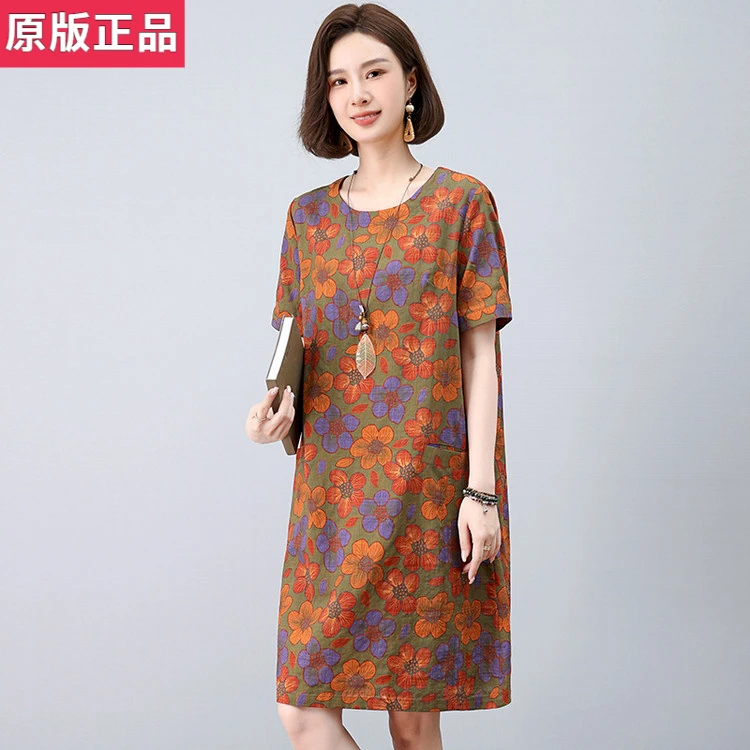 中年妈妈棉麻风连衣裙夏季新款女高端棉绸大码中老年遮肚碎花裙子