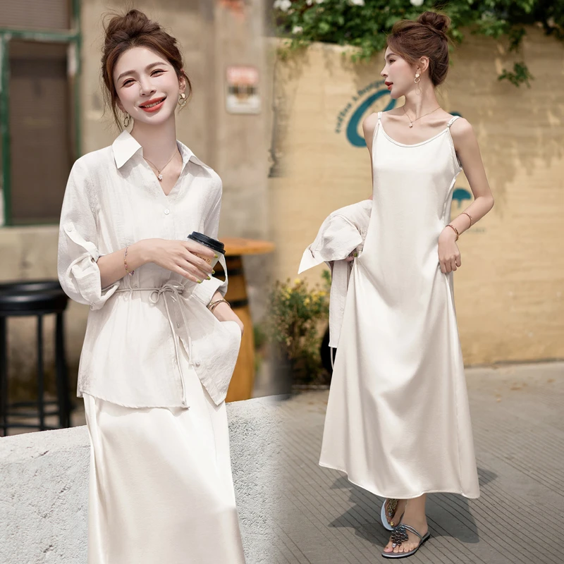 防晒天丝衬衫吊带连衣裙两件套2025夏季新款时尚穿搭套装度假通勤