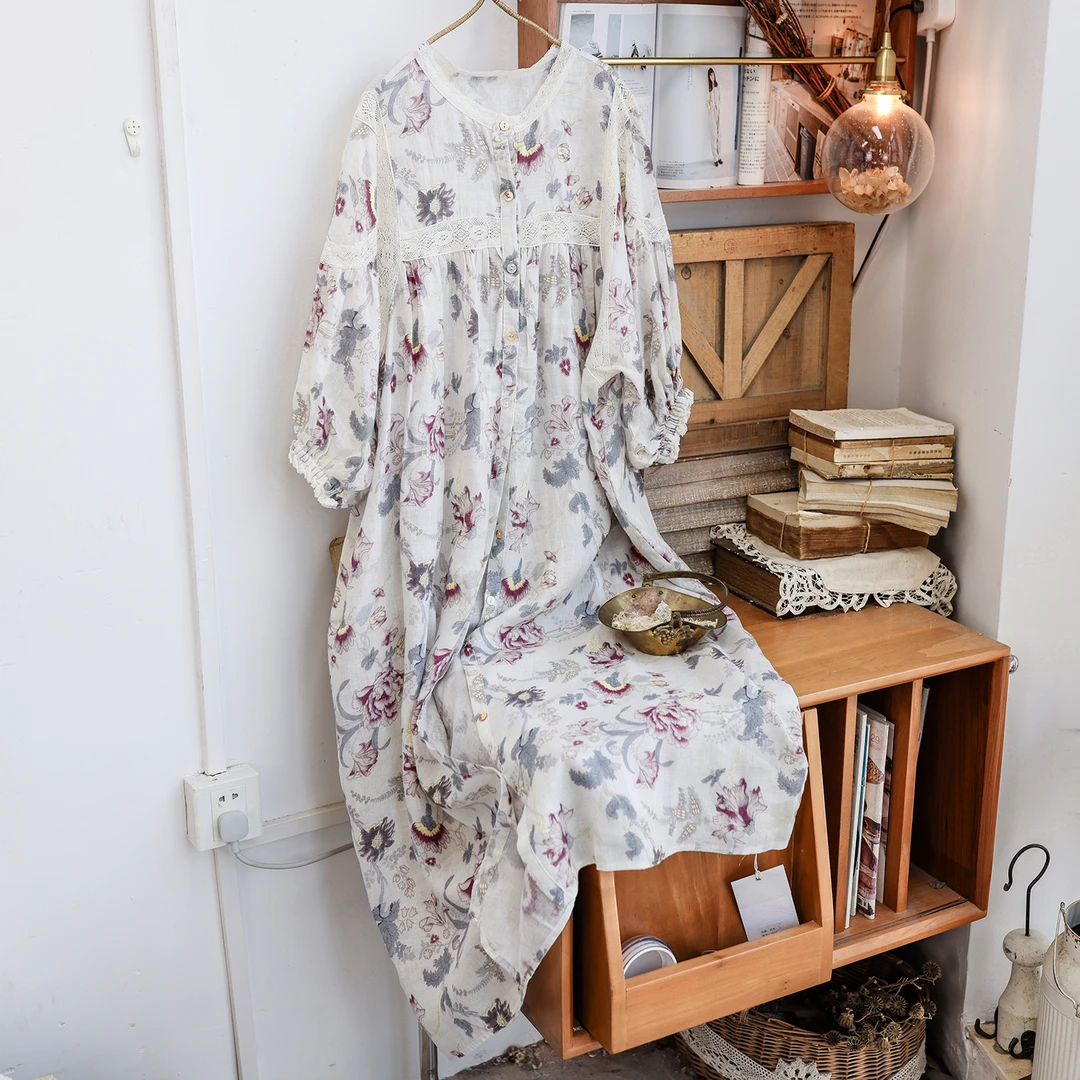 美村森系亚麻原创2025夏季新款圆领印花宽松甜美减龄连衣裙日系