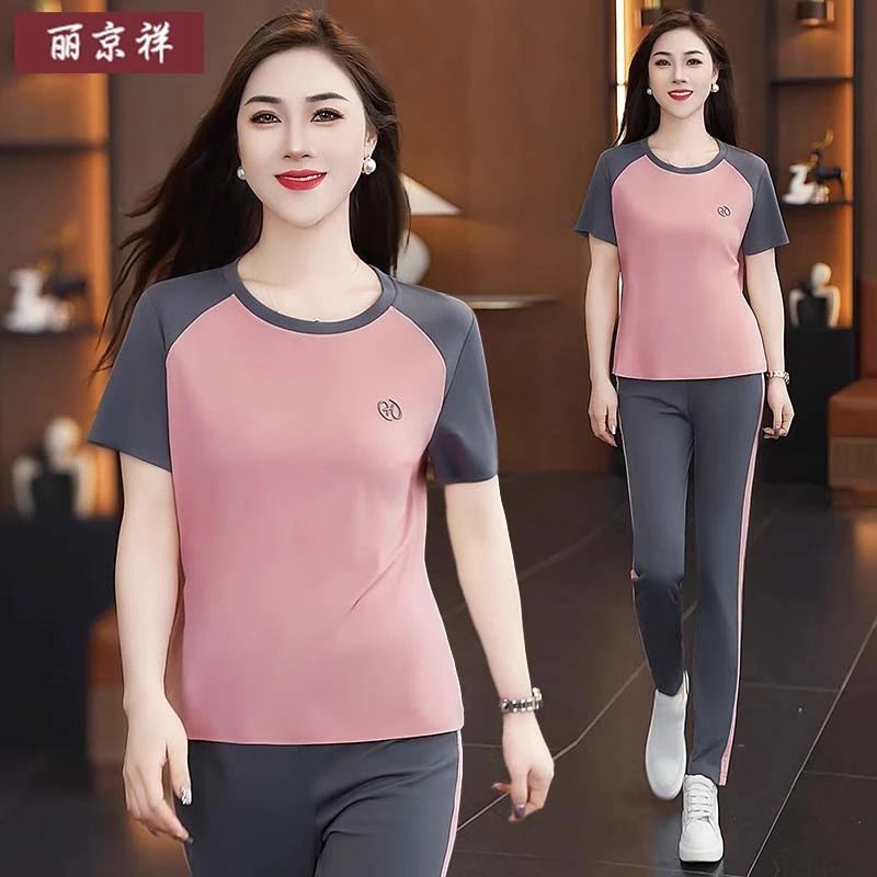 休闲运动套装女夏季2025新款时尚洋气质妈妈短袖减龄跑步服两件套