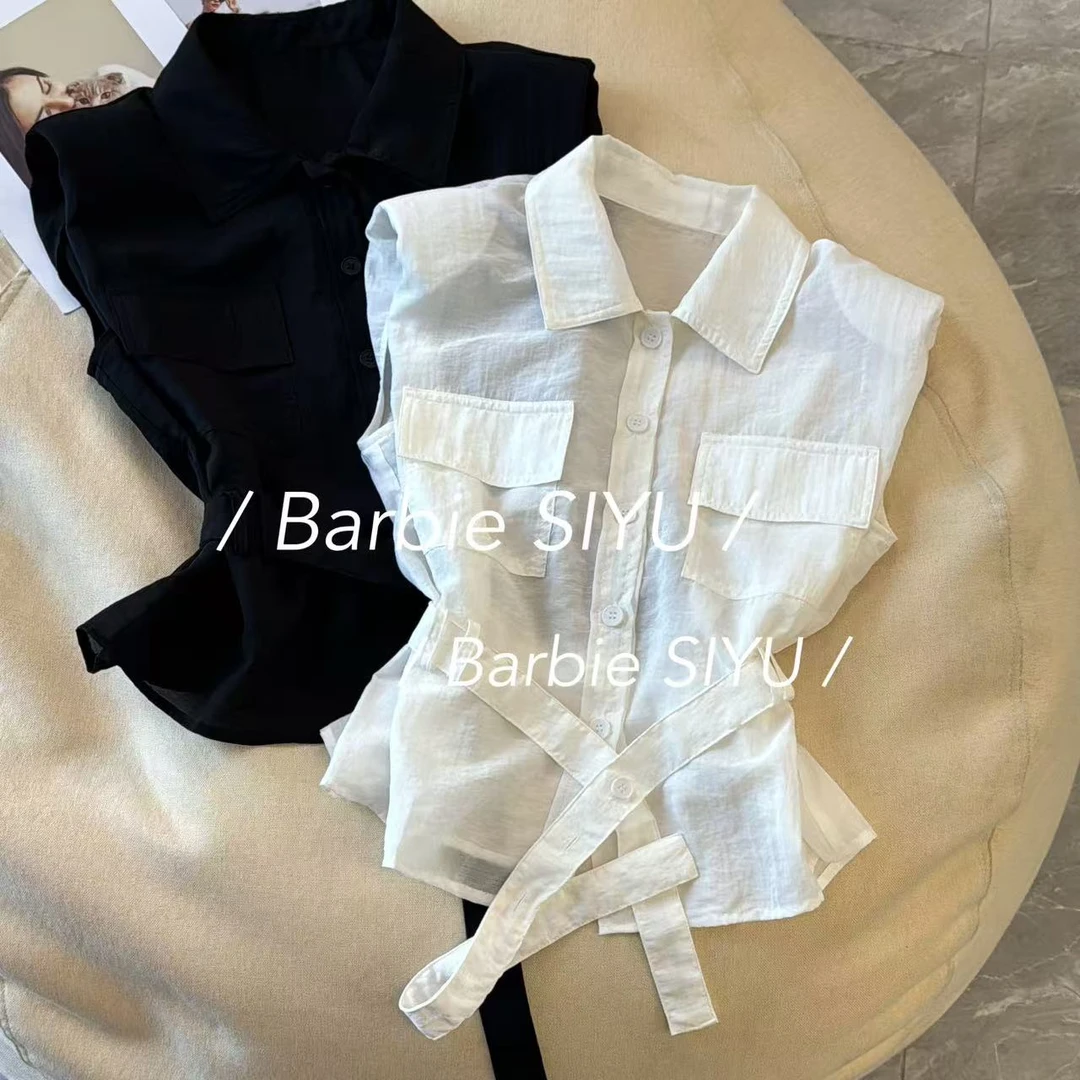 Barbie Jingni【清清浮力】2531 韩系收腰显瘦坎肩袖气质小衫百搭