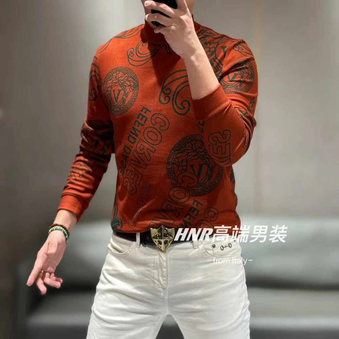 【聚热锁温】高级感字母美人头图案新款男士气质时尚长袖T恤3377