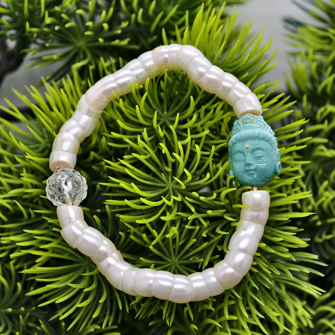 （升升）品众精选搭配设计绿松石手工雕刻观音单圈珍珠水晶大肠斜切