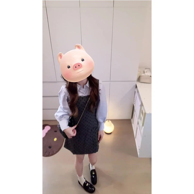 韩系甜美学院风气高级波点背心连衣裙女春秋内搭浅蓝色衬衫两套装