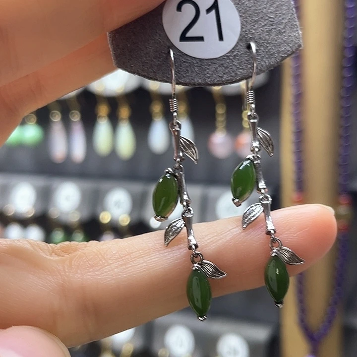 和田玉银S925镶嵌耳饰