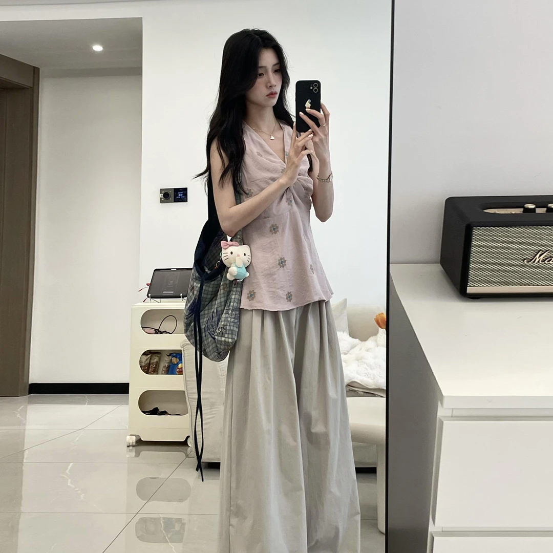 法式甜美紫色v领扭结无袖衬衫上衣女夏收腰显瘦吊带背心挂脖小衫