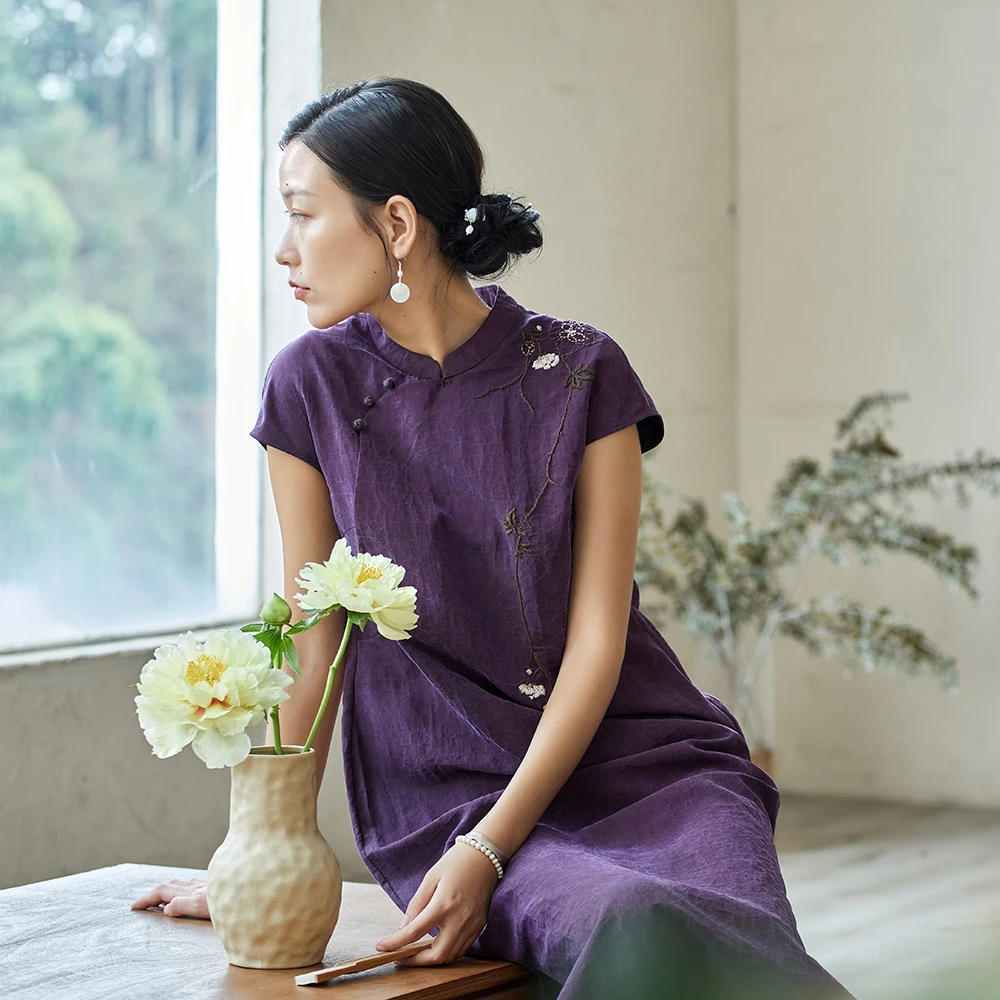 布小匠原创非遗桑蚕丝紫色龟纹香云纱绣花旗袍女新中式端庄连衣裙