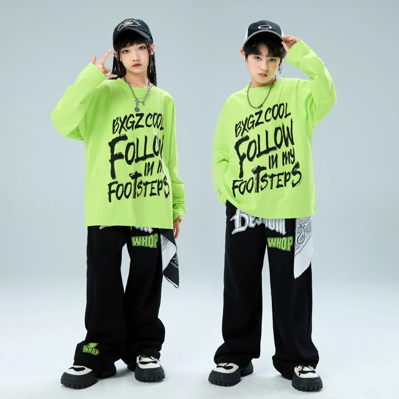 街舞儿童潮服男女童炫酷绿色T恤练功服嘻哈hiphop架子鼓表演出服