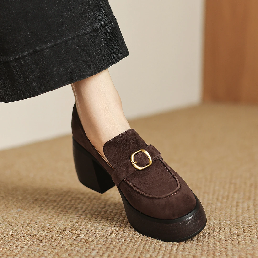 修悦加绒乐福鞋7cm防水台高跟鞋英伦风一脚蹬小皮鞋女皮带扣单鞋