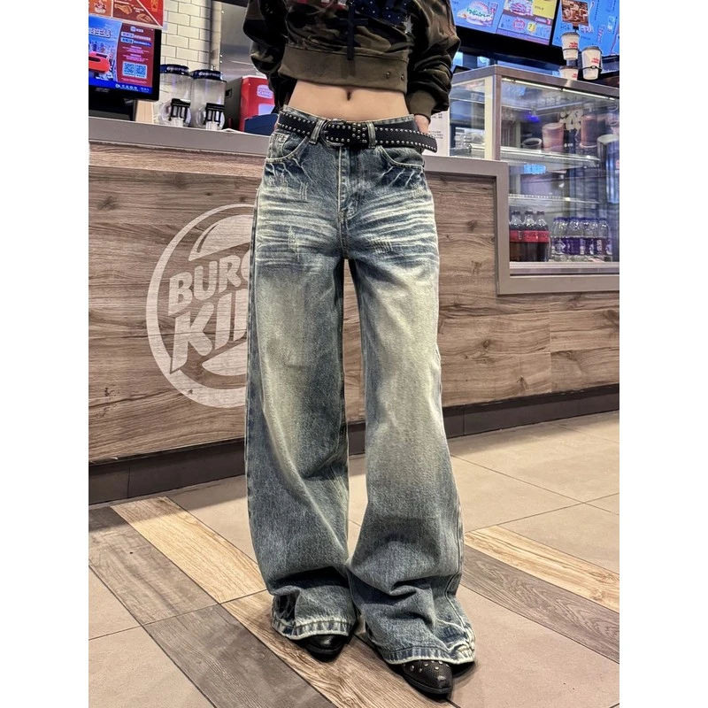 高个子加长美式复古辣妹水洗做旧牛仔裤女宽松显瘦百搭拖地阔腿裤
