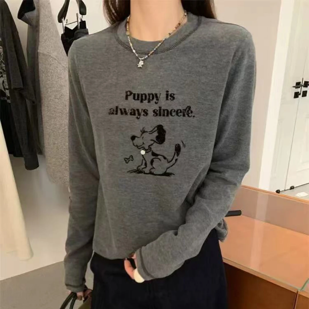 SUSU•【字母小狗】韩系磨毛打底T