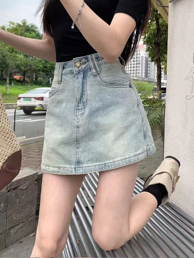 8636#牛仔短裙女夏薄款遮肉提臀显腿长A字版型有内衬防走光（约35）