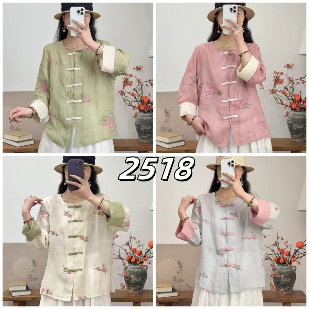 【花汐语】2025春季新款苎麻盘扣中式女人衬衫上衣女