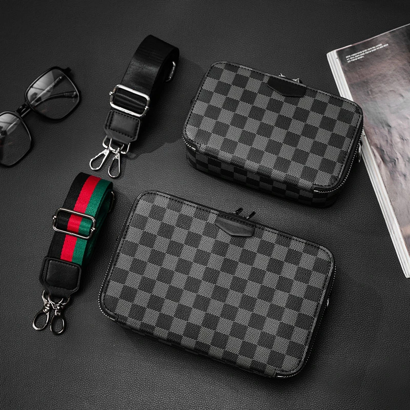 男士精致小方包牛皮男包百搭格子单肩包斜挎包休闲个性斜挎小包