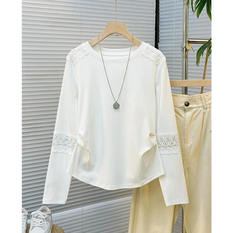 长袖打底衫女2025春秋新款超好看小众别致白色镂空蕾丝拼接t恤潮