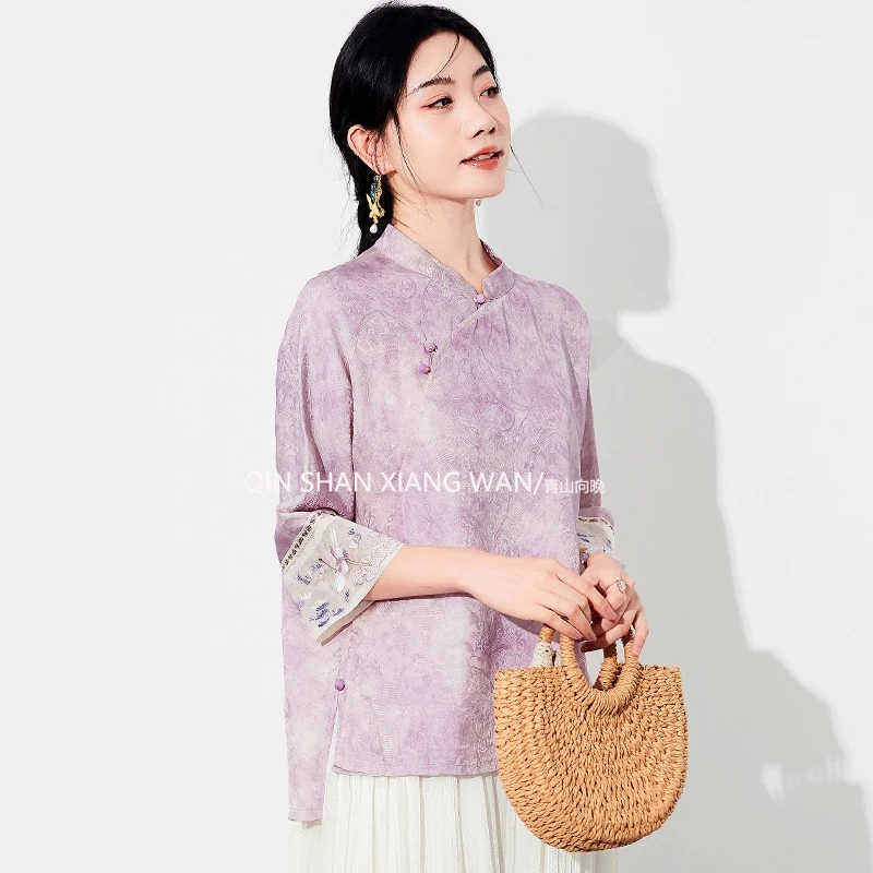 【婷蔓】国风新中式100%人丝香云纱提花刺绣改良上衣衬衫宽松显瘦女
