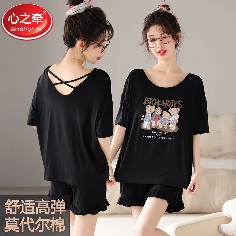 睡衣女夏季凉感薄款短袖短裤莫代尔加大码可外穿家居服夏宽松套装