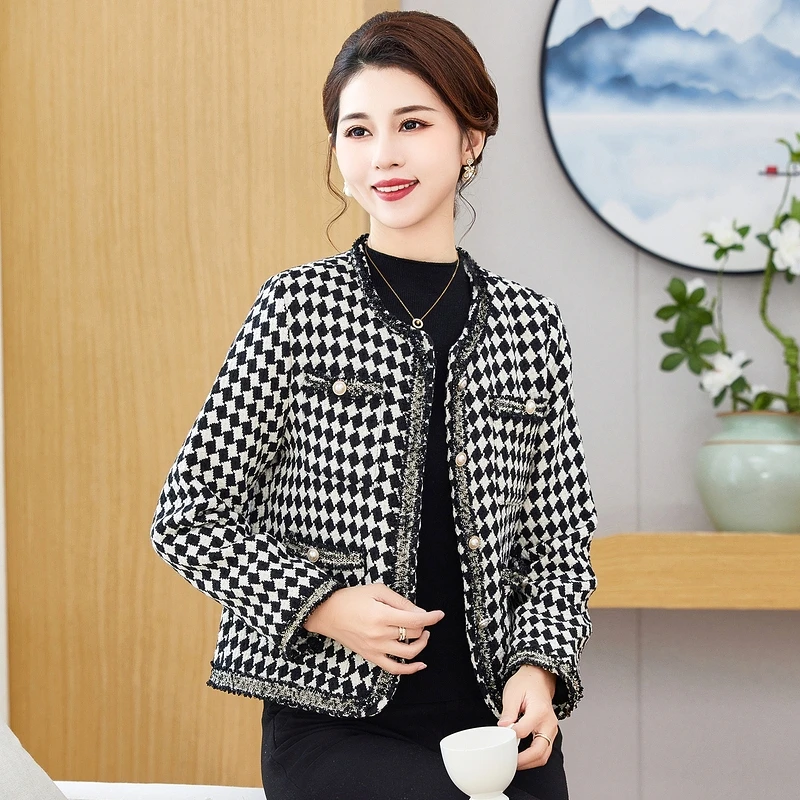 秋冬春秋时尚千鸟格小香风百搭宽松短外套秋季中老年女装格子