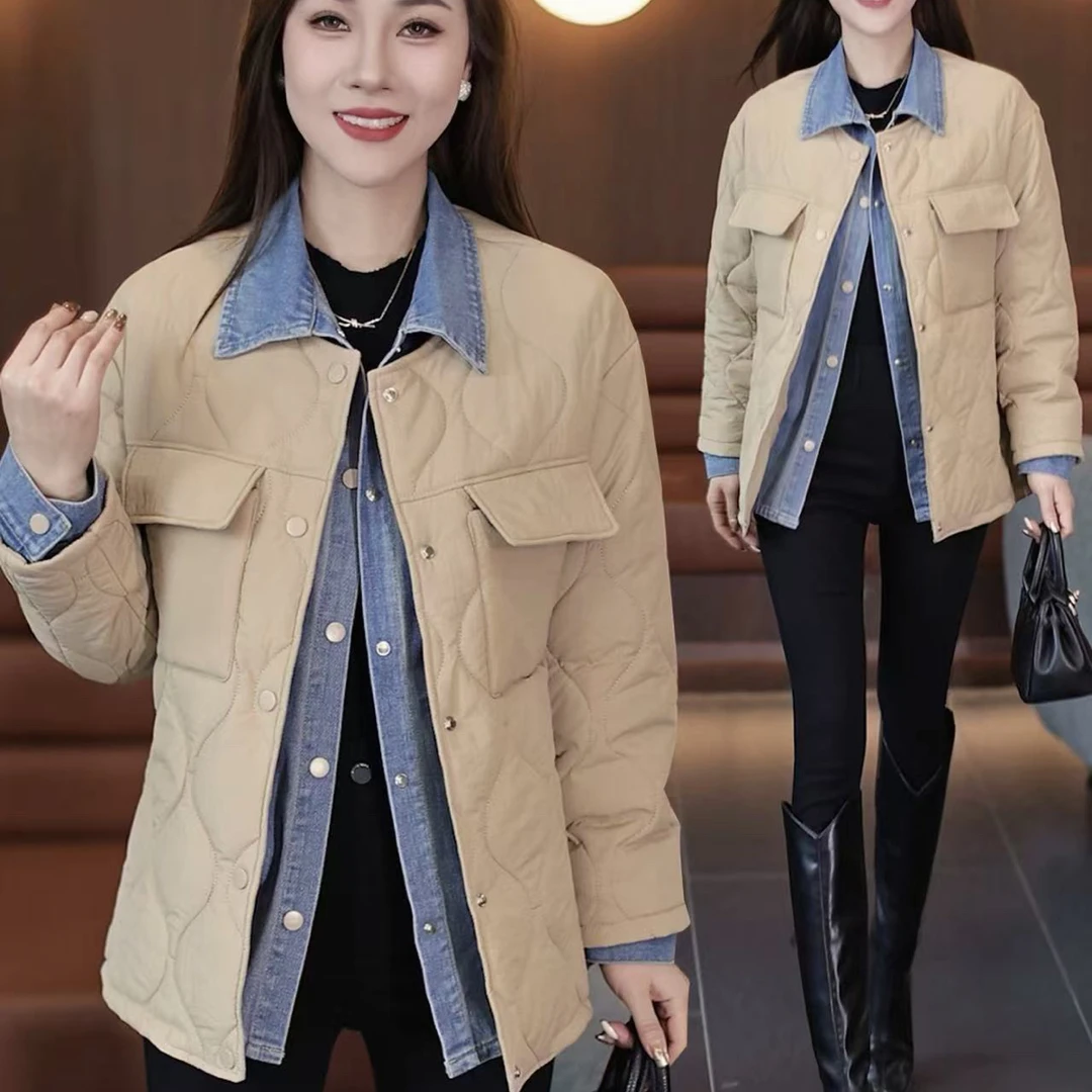 1062#【衣长63】女款冬季时尚洋气牛仔拼接假两件轻薄棉服短款外套