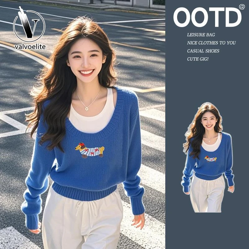 VALVOELITE春季撞色假两件镂空针织衫女款毛衣宽松慵懒超好看上衣