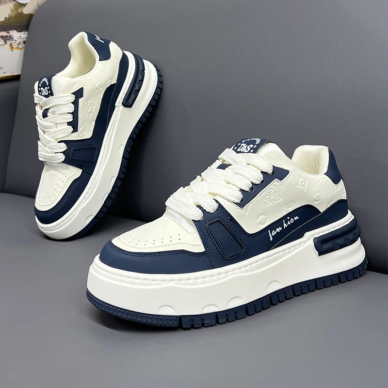 okkdey男鞋复古印花板鞋皮面运动休闲鞋厚底增高板鞋百搭面包鞋子