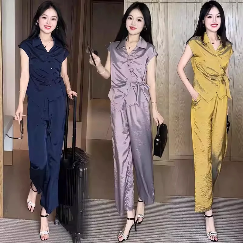 冰丝时尚套装女2025夏季新款小个子洋气短袖上衣阔腿裤两件套潮