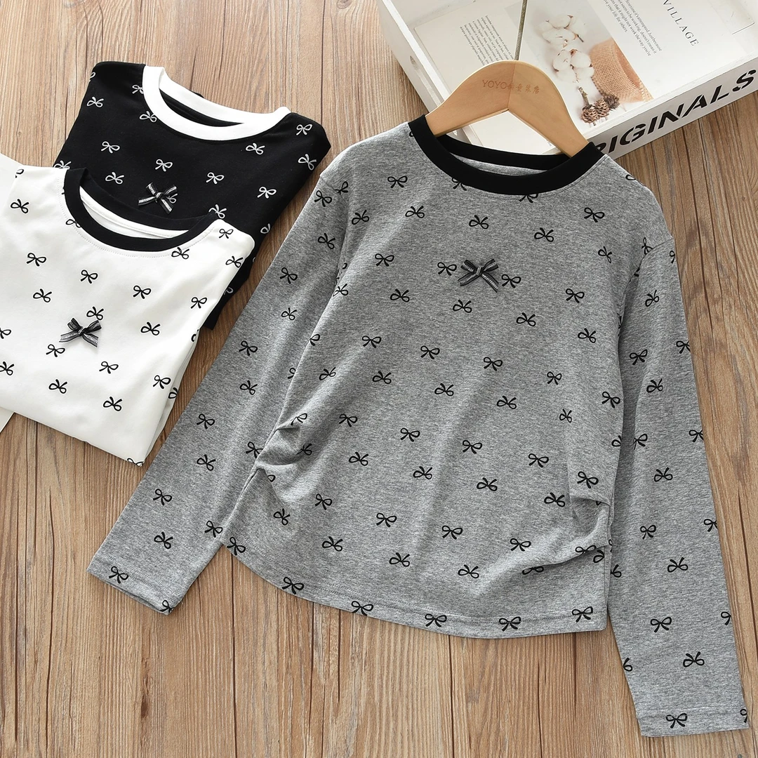 洋气童装2025秋新款儿童女童棉质打底衫 宝宝中大童蝴蝶结满印T恤