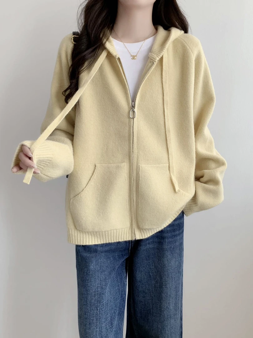 超级减龄的拉链帽衫外套女韩版宽松厚实软糯百搭洋气简约毛衣针织