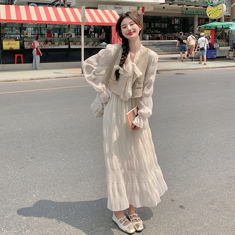 白色马甲连衣裙套装女2025春秋新款法式温柔风气质茶歇长裙两件套