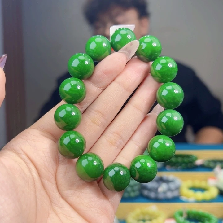和田玉未镶嵌手链纯天然和田玉俄碧辣阳绿手串16