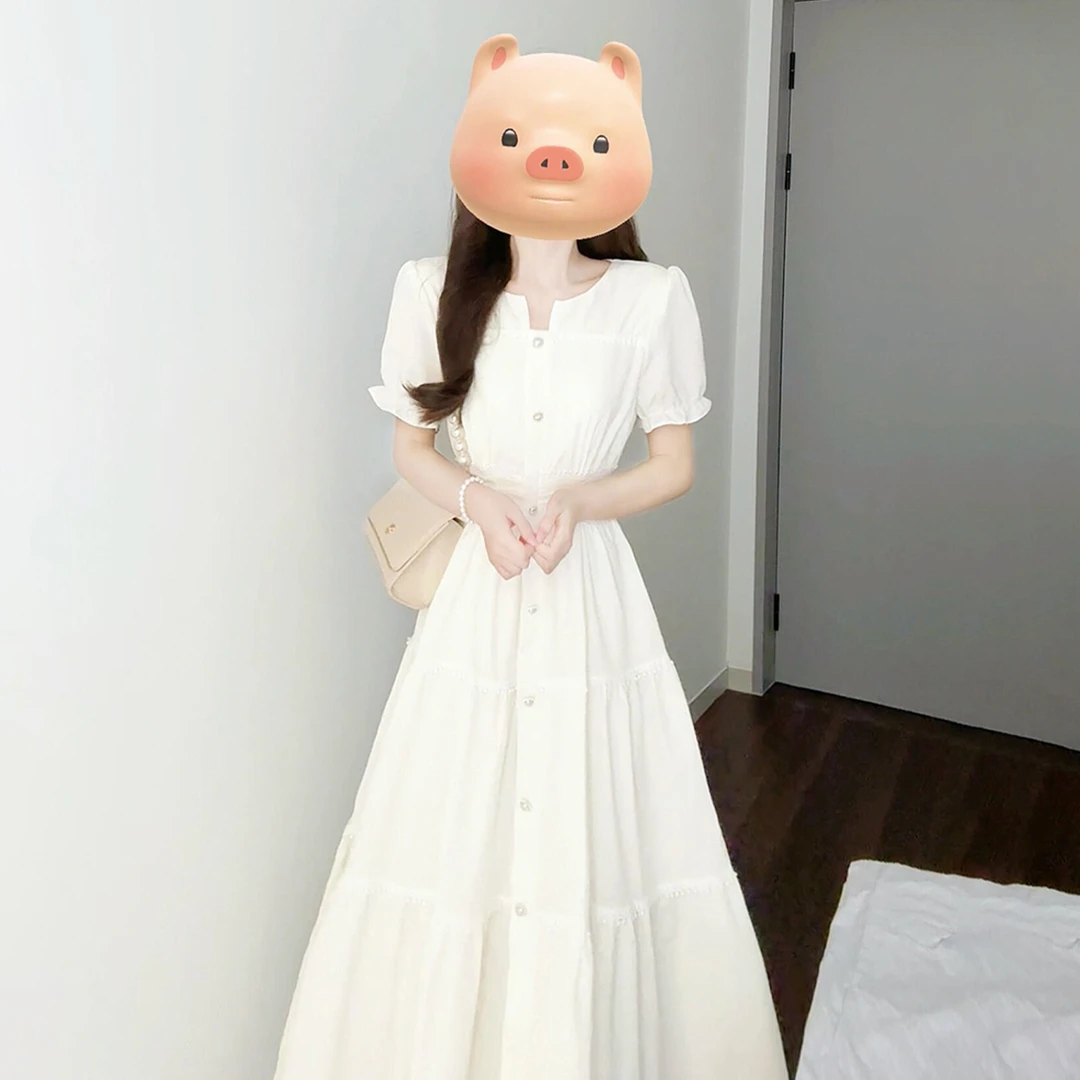 【清仓】3854白色连衣裙子女装夏季2025新款气质女神范收腰长裙